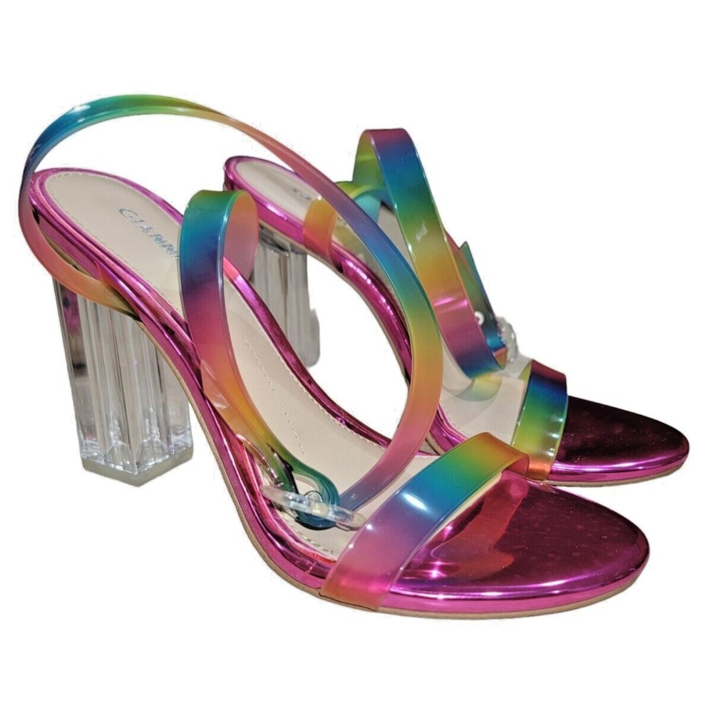Gianni Bini Womens Sz 6.5 M Liyra Multicolor Ankle Strap Acrylic Heeled Sandals